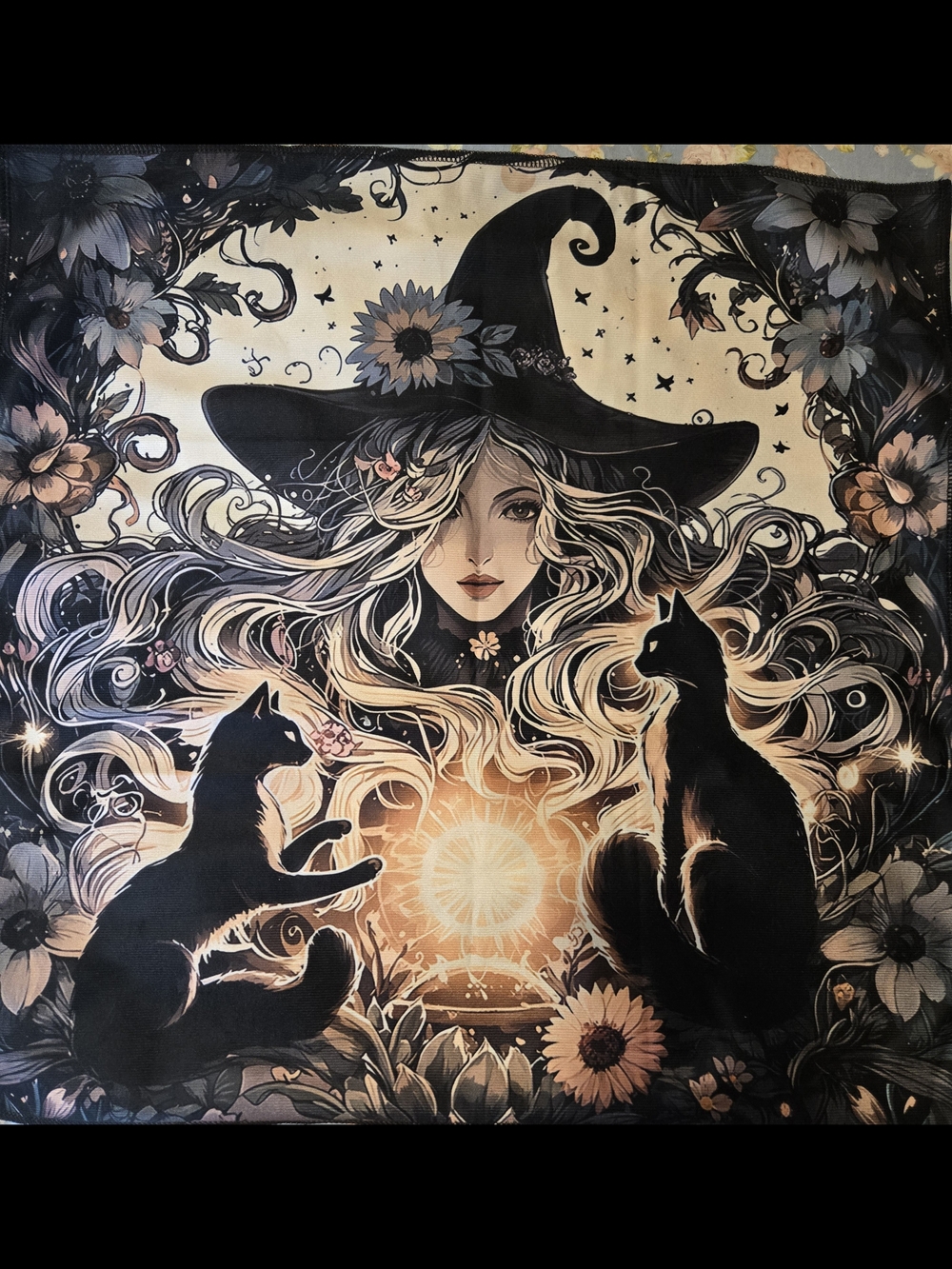 Mystic Witch Cat Flower Tarot Oracle Card Reading Cloth in Black and Cream